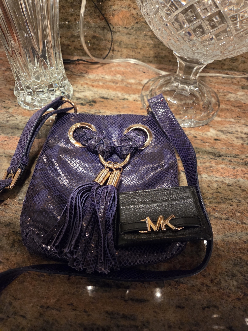 Michael Kors Purple Tassel Crossbody Bag With Black Cardholder